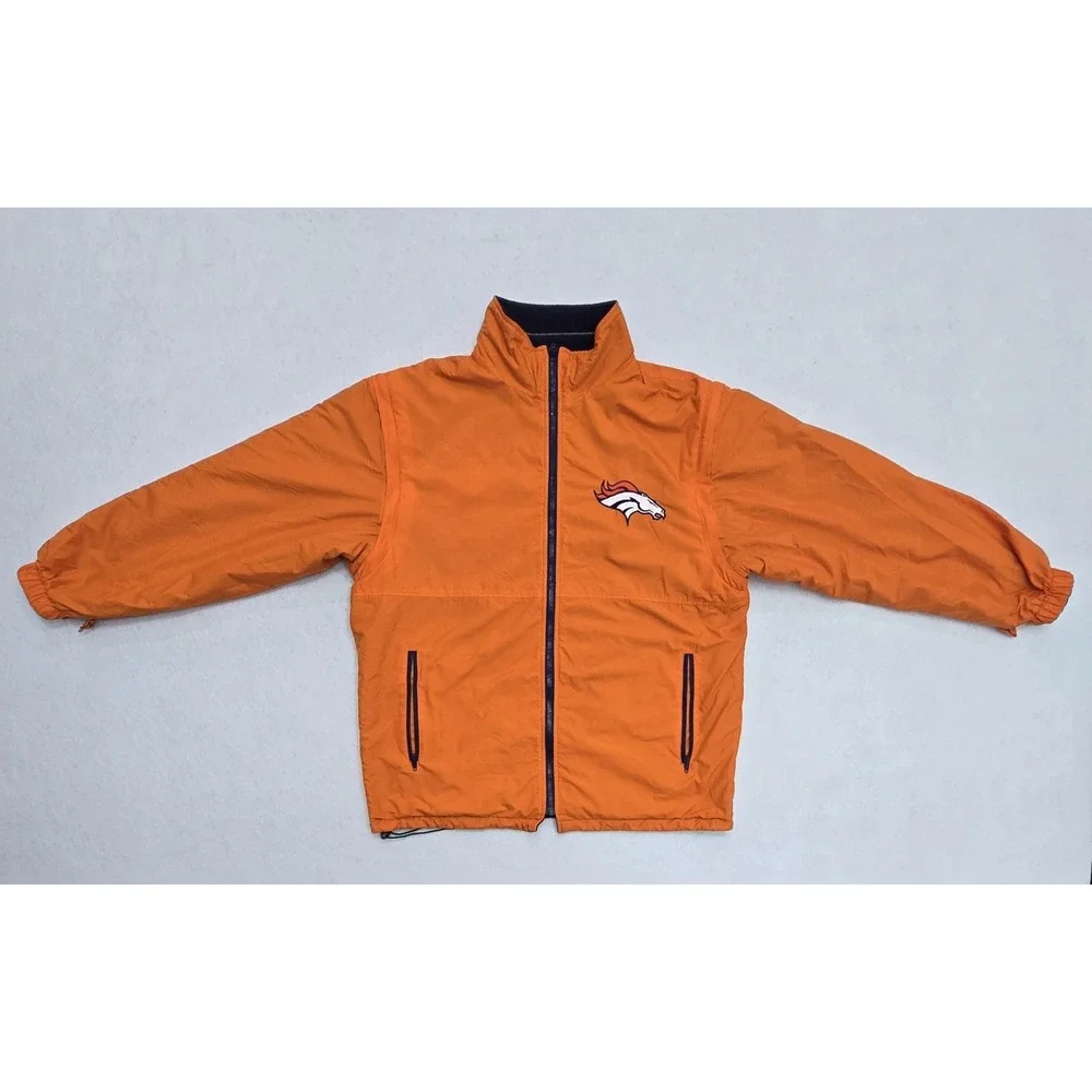 Denver Broncos Reversible Jacket Vest Zip Off Sleeves Navy Orange Mens XL